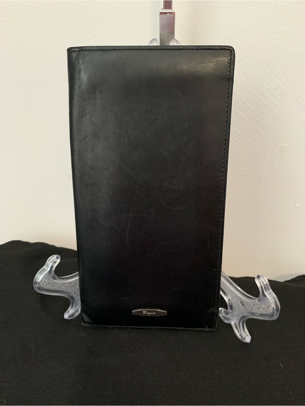💋💋Salvatore Ferragamo Black Leather Tall Trifold Wallet with Metal Logo Plaque